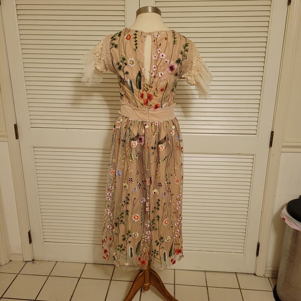 Floral Embroidered Mesh Midi Dress Handmade Beige Sheer Tassel Sleeve XS-S - Picture 4 of 8